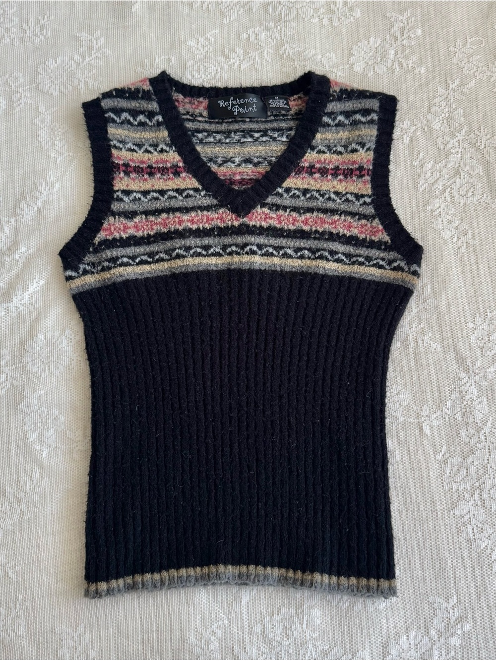 Boss Black V-Neck Sleeveless Knit Sweater with Fair Isle Yoke